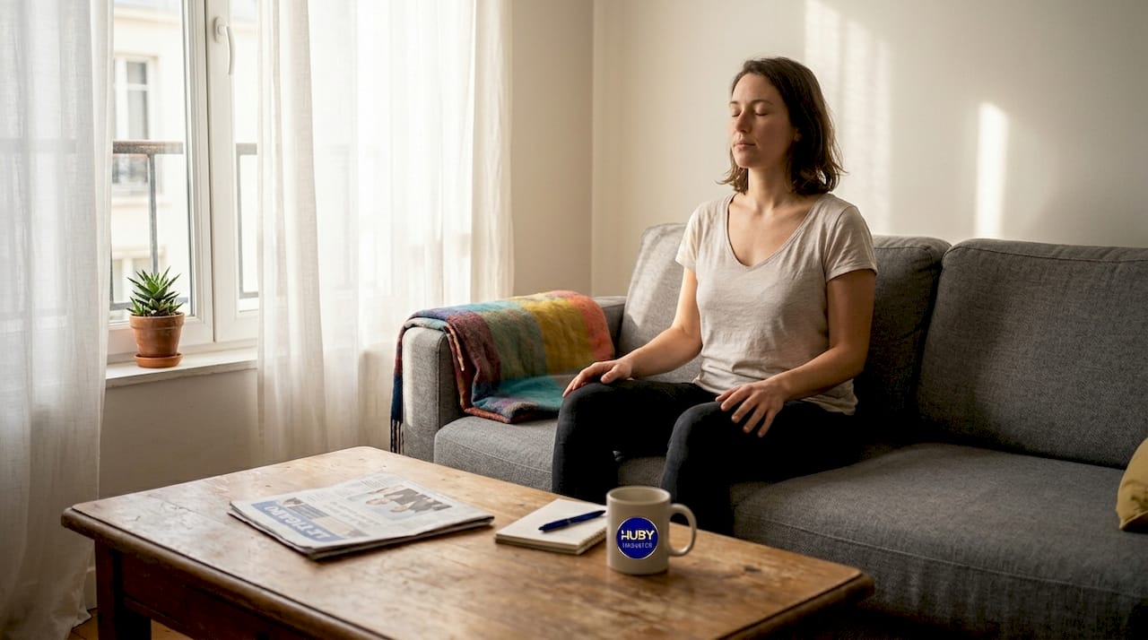 Une femme prend le temps de faire des exercices de respiration, confortablement installée sur son canapé dans le salon.