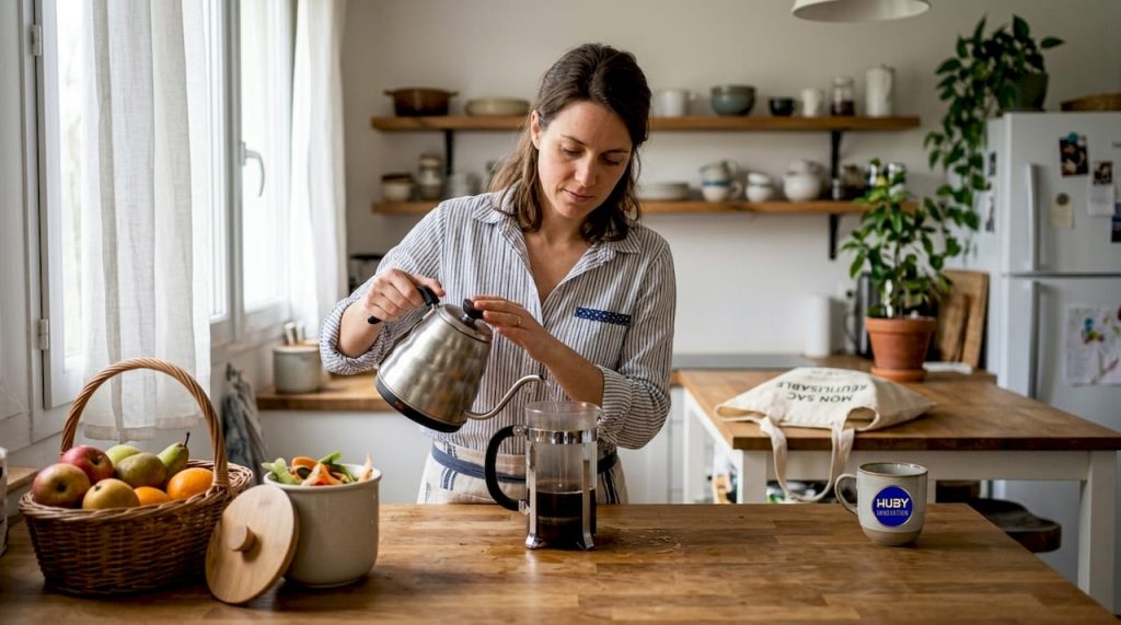 Une femme prépare son café dans une cuisine éco-responsable.