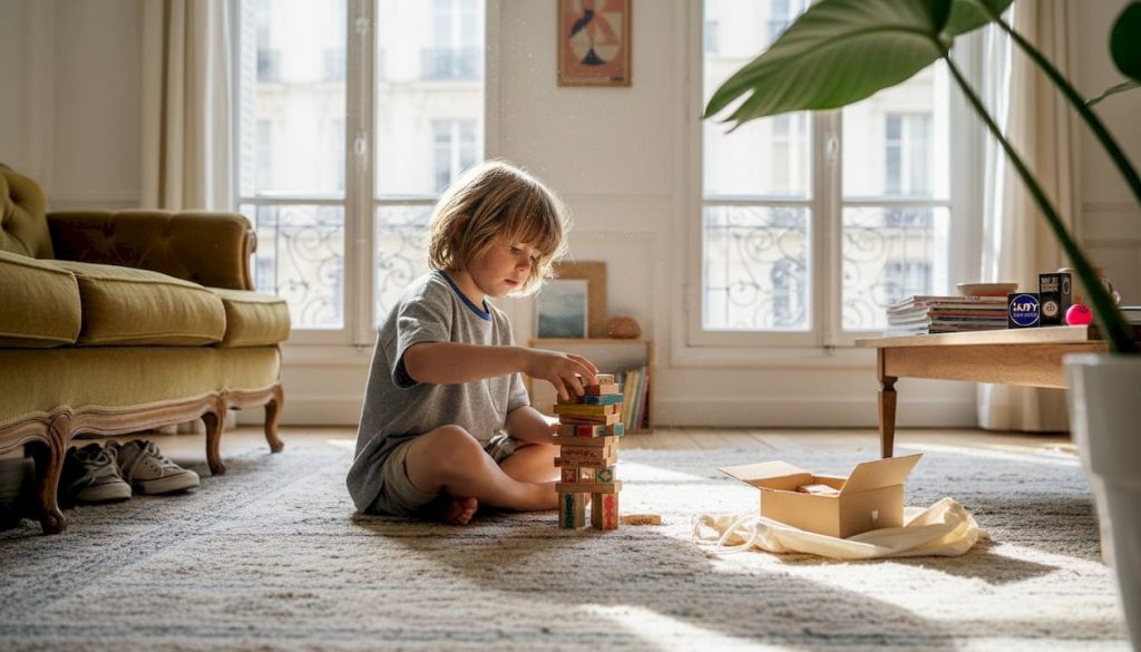 Un enfant s’amuse avec des jouets en bois respectueux de l’environnement.