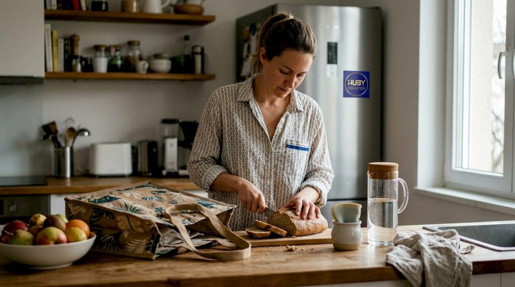 Une femme cuisine un repas responsable et respectueux de l’environnement dans sa cuisine.